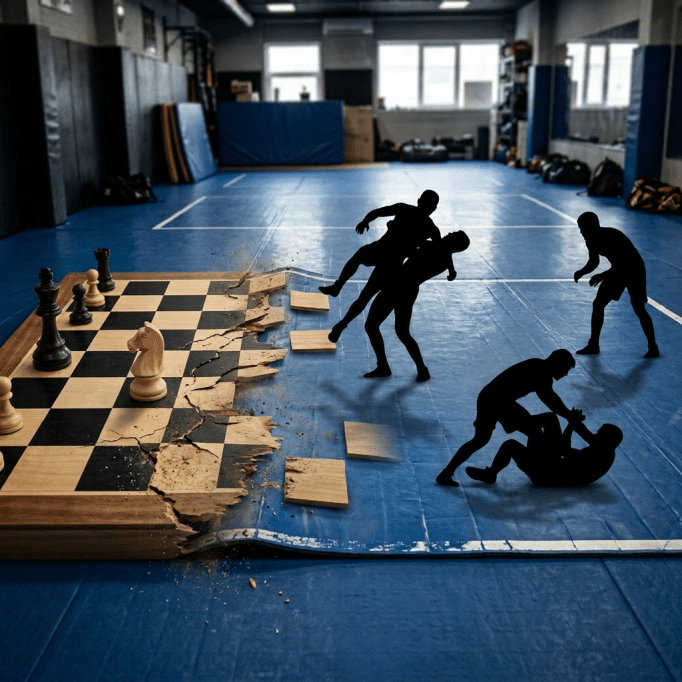 Chess board breaking and transitioning into grappling mat with black silhouettes of wrestlers grappling